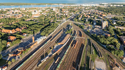 Klaipeda city, Lithuania, train station, top view. Port city, sea gate, logistics center in Lithuania
