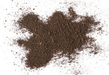 Pile of soil scattered isolated on white background and texture, top view
