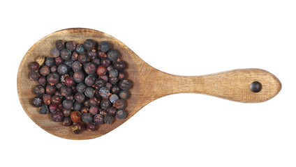 Dried juniper berries in wooden spoon isolated on white, top view