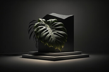 Product display podium for natural product. Empty scene with tropical leaves. Generative ai