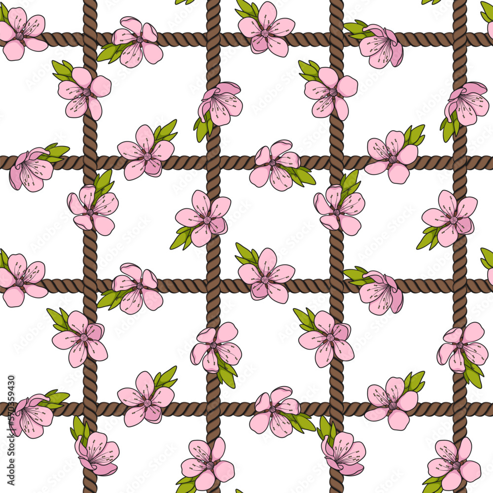Poster seamless pattern with net of the cord and pink spring flowers. colored vector background with object