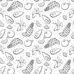 Seamless fruit pattern, wallpaper. Ornament of tropical fruits pineapple, mango, banana. Hand drawn doodle. Design fabric, print, packaging, wrapping paper. Menu background. Black and white image.