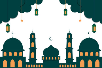islamic greetings card design background good for ramadan kareem and eid al fitr with mosque, hanging lanterns, star, and moon.