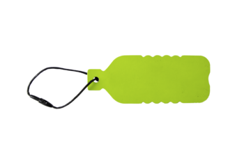 green tag in shape of a bottle with black rope 