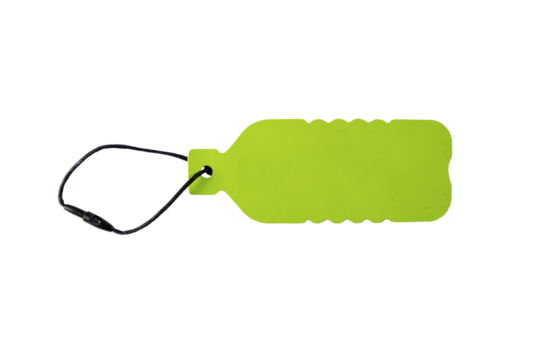 green tag in shape of a bottle with black rope 