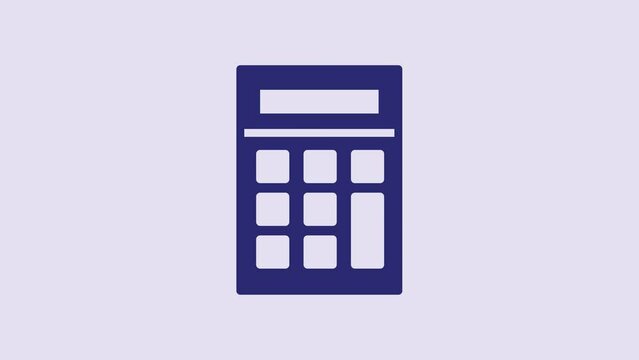 Blue Calculator icon isolated on purple background. Accounting symbol. Business calculations mathematics education and finance. 4K Video motion graphic animation