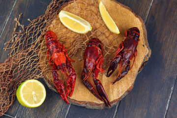 boiled craw fish on kitchen board with net and lemon slices closeup photo © ulianna19970