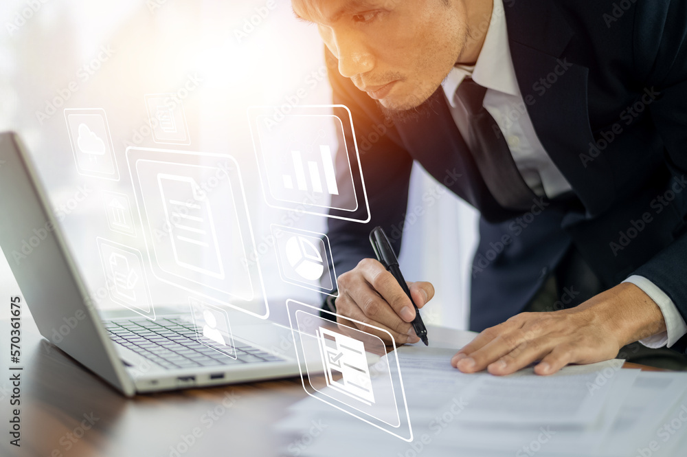 Poster businessman using computer for document management system (dms) and online documentation database, p