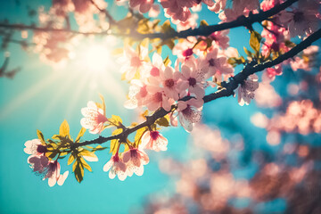 Branches of Spring Cherry Blossom against background of blue sky. Beautiful nature scene with blooming tree and sun flare. Pink sakura flowers. Beautiful blurred spring background. Spring flowers. gen