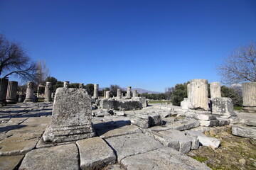 Fototapeta na wymiar Excavations of the Temple of Hekate in Lagina Ancient City and Ancient columns Yatagan Mugla Turkey