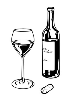 Weinflasche und weinglas schwarzweiss handzeichnung, lineart, symbolbild für weintrinken, weingenuss