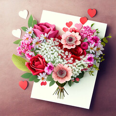 Blumenstrauß mit Rosen und Herzen auf einer Karte Illustration, für Valentinstag, Hochzeiten, Verlobung, Muttertag
