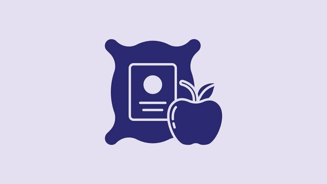 Blue Apple in the sack icon isolated on purple background. Apples in a canvas bag. Farmers market. 4K Video motion graphic animation
