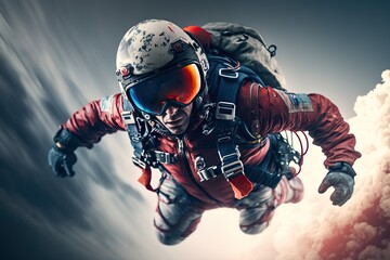 Skydiver in a jumpsuit freefalling above the clouds , Generative ai
 - obrazy, fototapety, plakaty