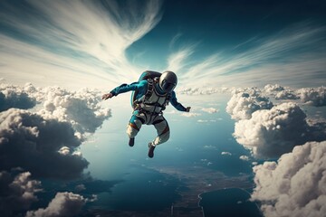 Fototapeta na wymiar Skydiver in a jumpsuit freefalling above the clouds , Generative ai 