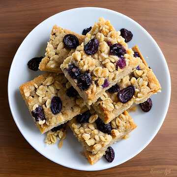 Acercamiento de una imagen que muestra barras de avena con pasas, generada por inteligencia artificial