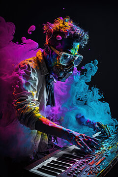 Abstract Keyboard player wearing a gas mask, with colourful smoke energy arising from their music. Generative Ai.
