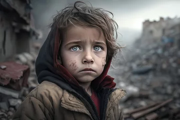 Fotobehang a boy standing in front of collapse buildings area, natural disaster or war victim, sorrow scenery idea for support children's right , especially Turkey and Syria earthquake, Generative Ai © QuietWord