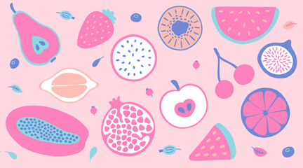 Vector fruits big set in y2k style. Pear, strawberry, lemon and etc in pink and blue colors.