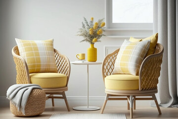 Interior design of living room with armchair and yellow plaid. Rattan coffee table in room with white wall. Home interior - created by AI