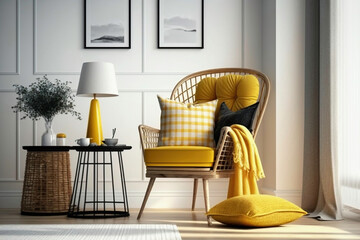 Interior design of living room with armchair and yellow plaid. Rattan coffee table in room with white wall. Home interior - created by AI