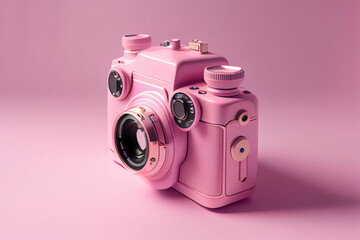 3d pink camera in flat style on light blue background. 3d render. Generative Ai