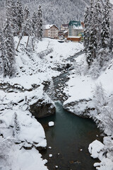 winter landscape, mountain river flows between rocks in snow, coniferous forest frost on branches, heavy snowfall