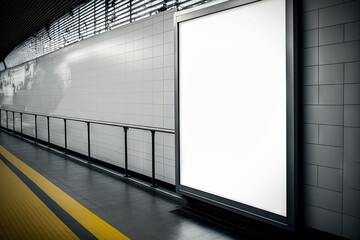 Blank advertising billboard poster mockup in train station. Horizontal out of home OOH media display space; digital display screen. Generative AI
