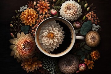 Flower Coffee Cup Top View Flat Lay, Cozy Breakfast, Coffee Mug on Black, Abstract Generative AI Illustration