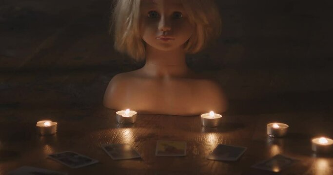 Horror Doll with Tarot cards and Candles under Flash Light inside an old Haunted House | Handheld Shaky Cam | 4K