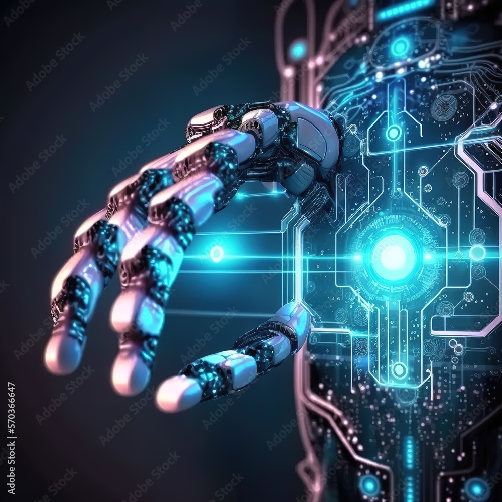 Poster ai or artificial intelligence, machine learning, hands of robot and human touching on data global ne