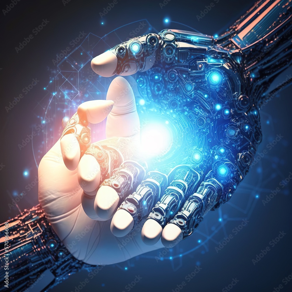 Poster ai or artificial intelligence, machine learning, hands of robot and human touching on data global ne