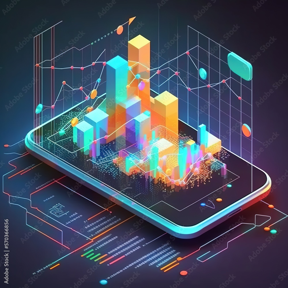 Sticker Smartphone with business graph and analytics data on isometric mobile phone. Trend analysis and the coding process concept in software development, generative ai