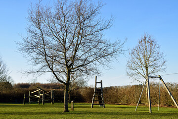 Children's playground equipment amongst leafless trees in winter