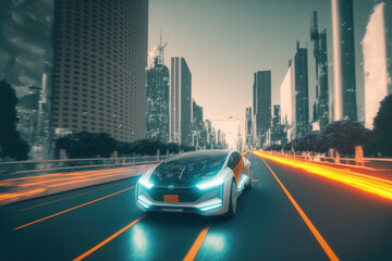 Fast electric car with luxury futuristic autonomous sensor software driving on road in downtown city center against skyscrapers in background . Sublime Generative AI image .