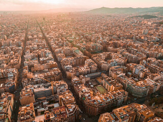 Barcelona street aerial view with beautiful patterns in Spain. Barcelona sunset skyline aerial view...