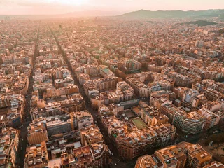 Poster Barcelona street aerial view with beautiful patterns in Spain. Barcelona sunset skyline aerial view with buildings in Spain. Magical sunset over Barcelona. © ingusk