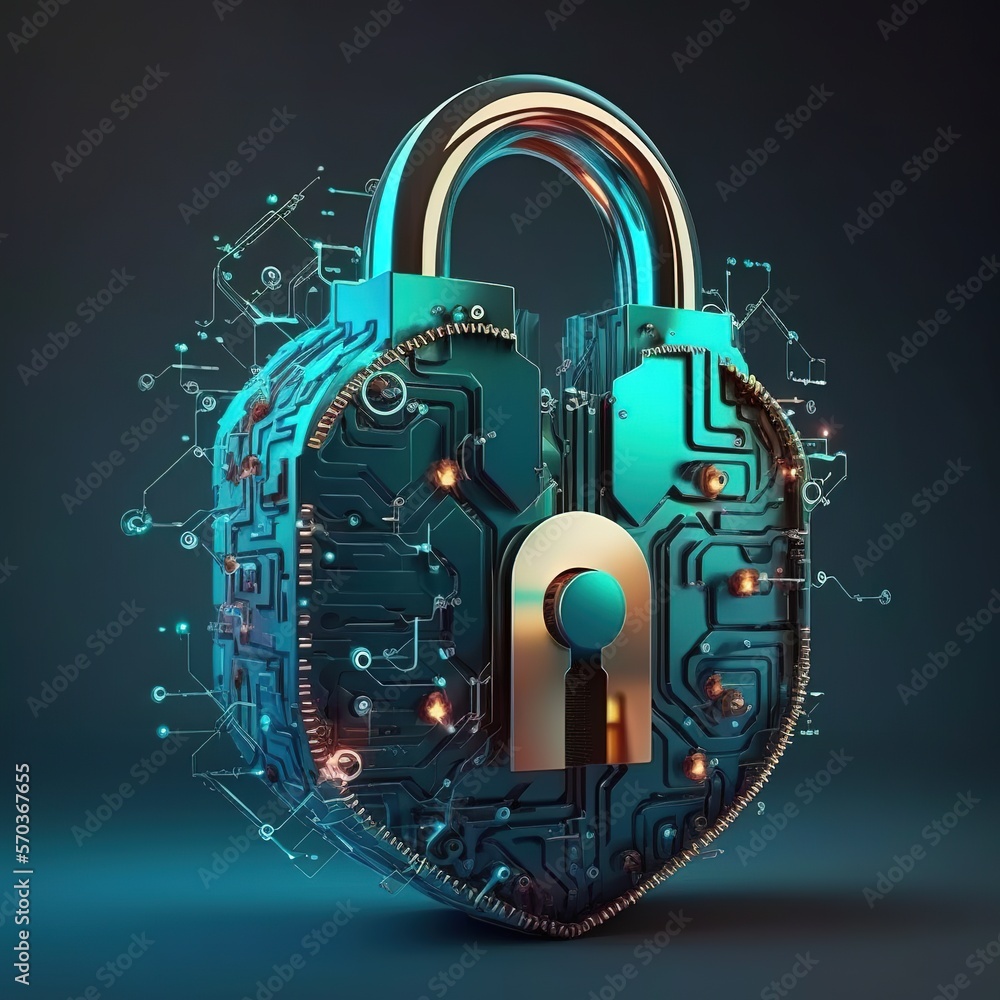 Poster padlock with keyhole for data security at the circuit's convergent point. privacy of cyber data and 