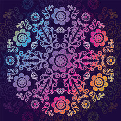 Vintage frame with lacy colorful gradient mandala, vector