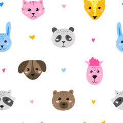 Seamless pattern with doodle animal faces.