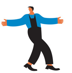 A full-length man is dancing. White background