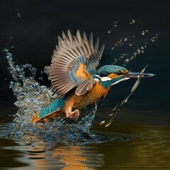 Female Kingfisher emerging from the water after an unsuccessful dive to grab a fish, generative ai