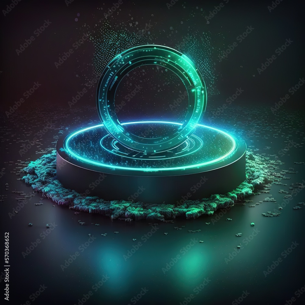 Poster Technological podium of the future. Neon glowing ring on particle floor with depth of field for gaming product presentation