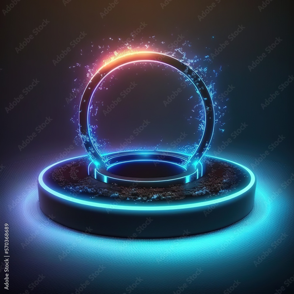 Poster technological podium of the future. neon glowing ring on particle floor with depth of field for gami