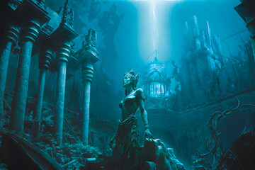 Flooded Atlantis columns in the ancient empty city of statues and schools of fish. Generative AI