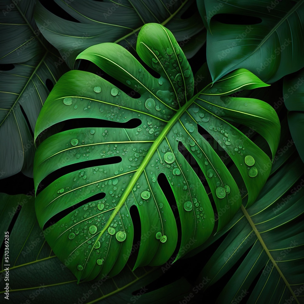 Sticker green leaf texture, nature background, tropical leaf , generative ai