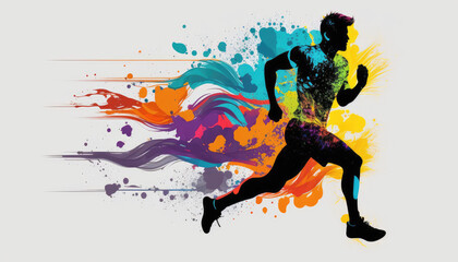 Obraz na płótnie Canvas Generative AI shape of a man running Rainbow splash wave strong colors