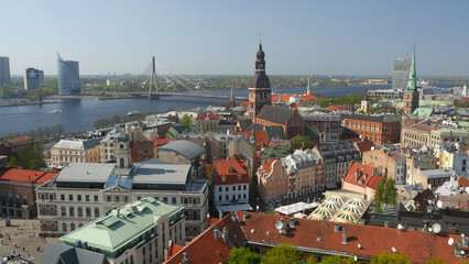 Obraz premium Riga Cathedral and the Vansu bridge, seen from St. Peter's church spire