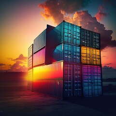 Fototapeta premium Container stacker crane lifting up stacking container box in yard, Container loading cargo freight in import, generative ai