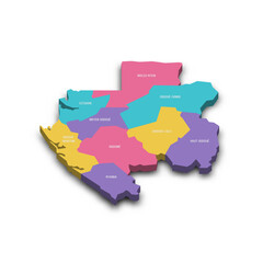 Gabon political map of administrative divisions - provinces. Colorful 3D vector map with dropped shadow and country name labels.